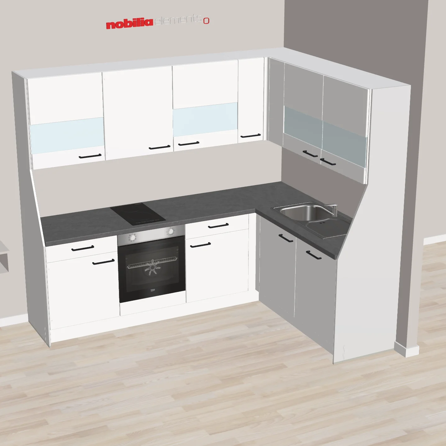 nobilia Kompakt & klar schöne L-Küche mit Ablußwangen Neumarkt 246 x 186 cm weiss Beton grau mit Backofen - Kochfeld - Schrank für Flachschirmhaube und Glaselementen