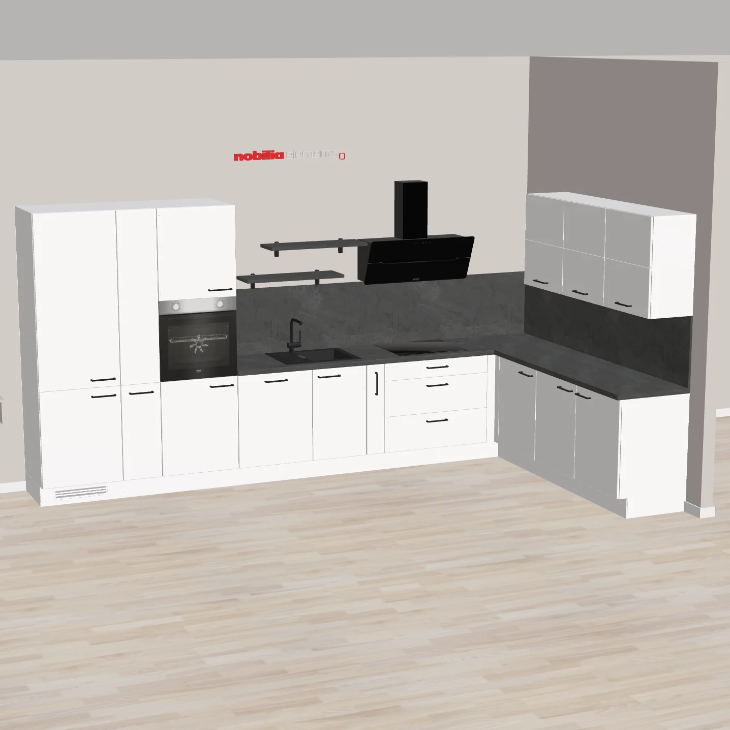 nobilia Moderne L-Küche Ettlingen 425 x 252 cm Weiß graue Arbeitsplatte Ausstattung wie Apotheker Hochschrank