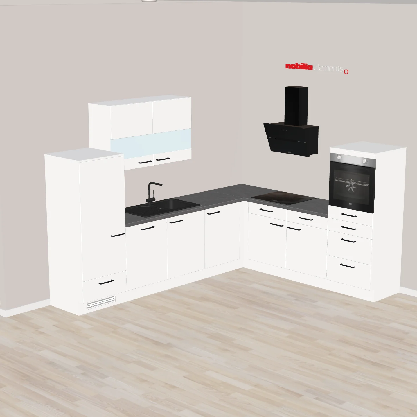 nobilia L-Wohnküche mit Stil Hofheim am Taunus 305 x 245 cm weiss Beton mit E-Geräten - Kopffreihaube - hocheingebauter Backofen - autarkes Kochfeld - Spüle SCHOCK Cristalite mit moderner Armatur in Schwarz